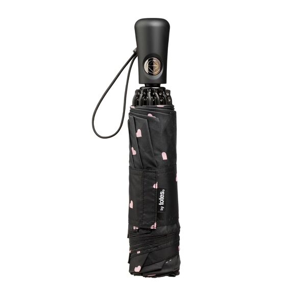 Totes Recycled Auto Open & Reverse Close Compact Rain Umbrella Black Hearts NEW - Picture 1 of 9